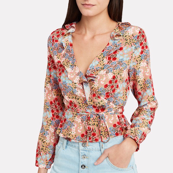 Intermix Floral Ruffle Blouse - Red And Blue